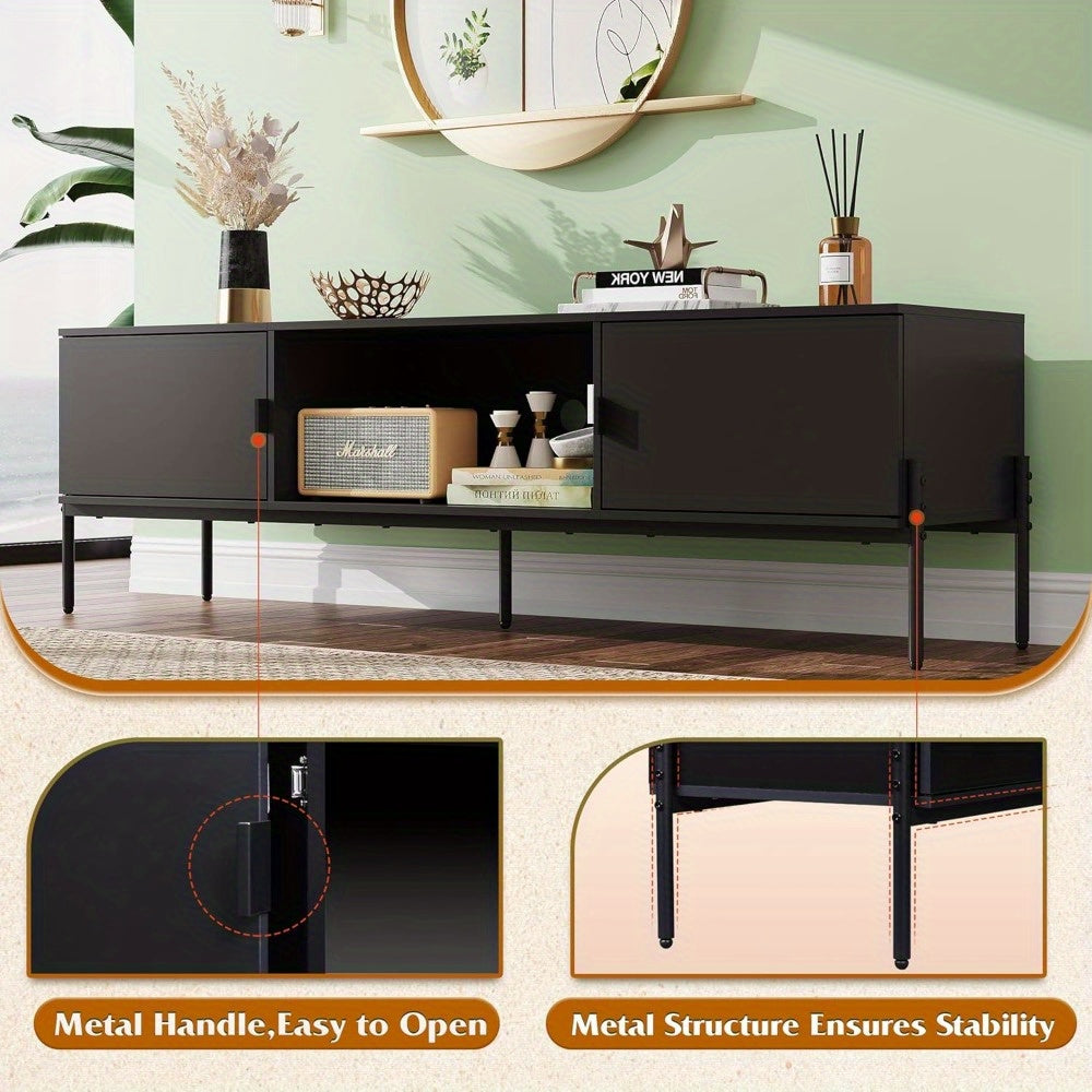 Modern TV Stand for 65 Inch TV, Mid Century Entainment Center with Storage, TV Console with Open Shelf and 2 Cabinets for Bedroom and Living Room, TV Cabinet with Metal Legs, Black