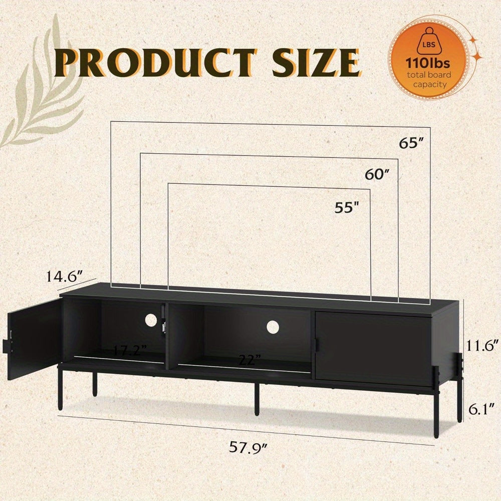 Modern TV Stand for 65 Inch TV, Mid Century Entainment Center with Storage, TV Console with Open Shelf and 2 Cabinets for Bedroom and Living Room, TV Cabinet with Metal Legs, Black