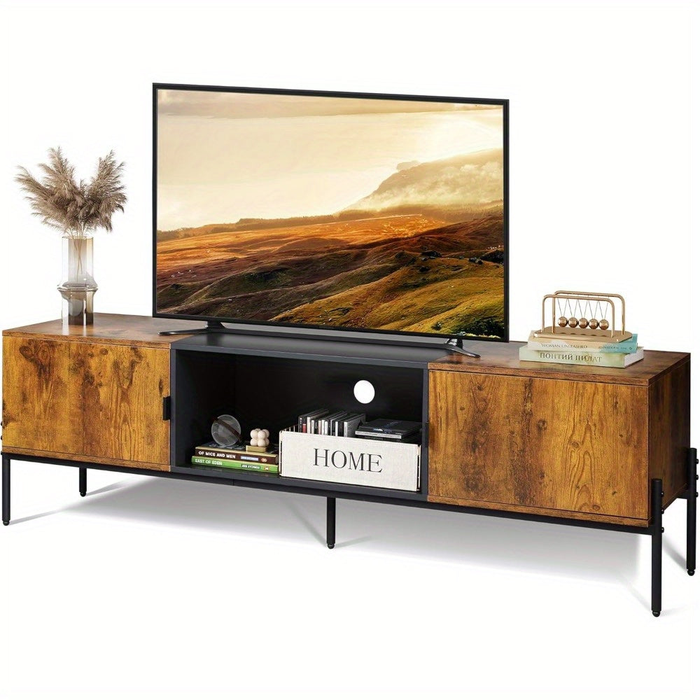 Modern TV Stand for 65 Inch TV, Mid Century Entainment Center with Storage, TV Console with Open Shelf and 2 Cabinets for Bedroom and Living Room, TV Cabinet with Metal Legs, Black