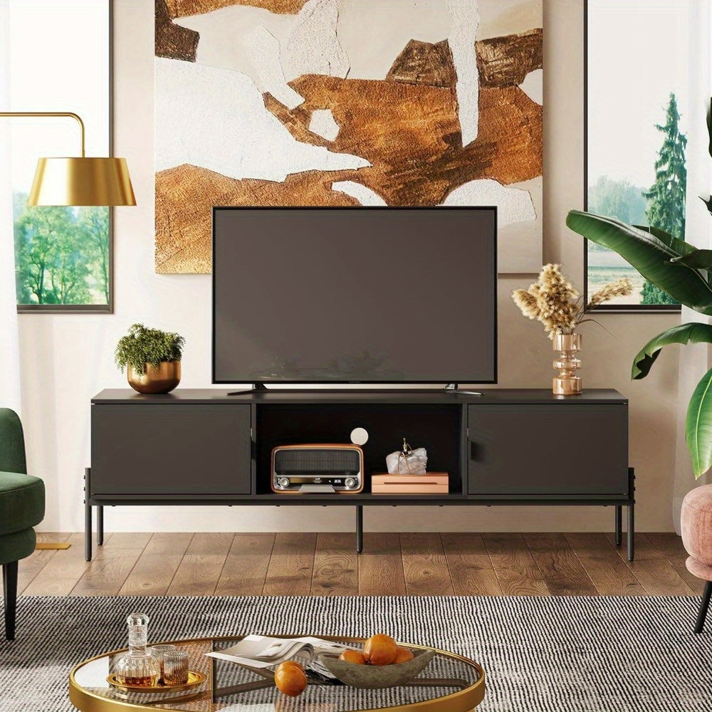 Modern TV Stand for 65 Inch TV, Mid Century Entainment Center with Storage, TV Console with Open Shelf and 2 Cabinets for Bedroom and Living Room, TV Cabinet with Metal Legs, Black