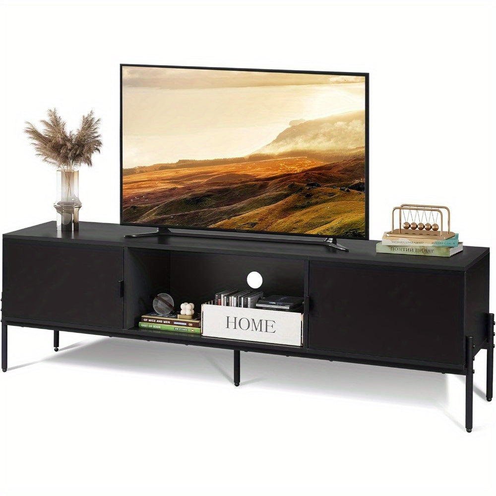 Modern TV Stand for 65 Inch TV, Mid Century Entainment Center with Storage, TV Console with Open Shelf and 2 Cabinets for Bedroom and Living Room, TV Cabinet with Metal Legs, Black