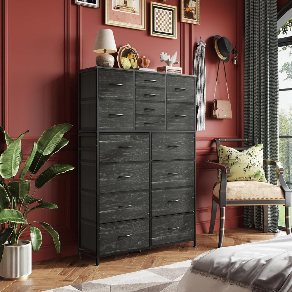 Tall Dresser for Bedroom Furniture, Fabric Dressers Storage Tower with 15 Deep Drawers, Chest of Drawers Organizer Unit, Dresser for Closet, Hallway, Entryway, Charcoal Black Wood Grain Print