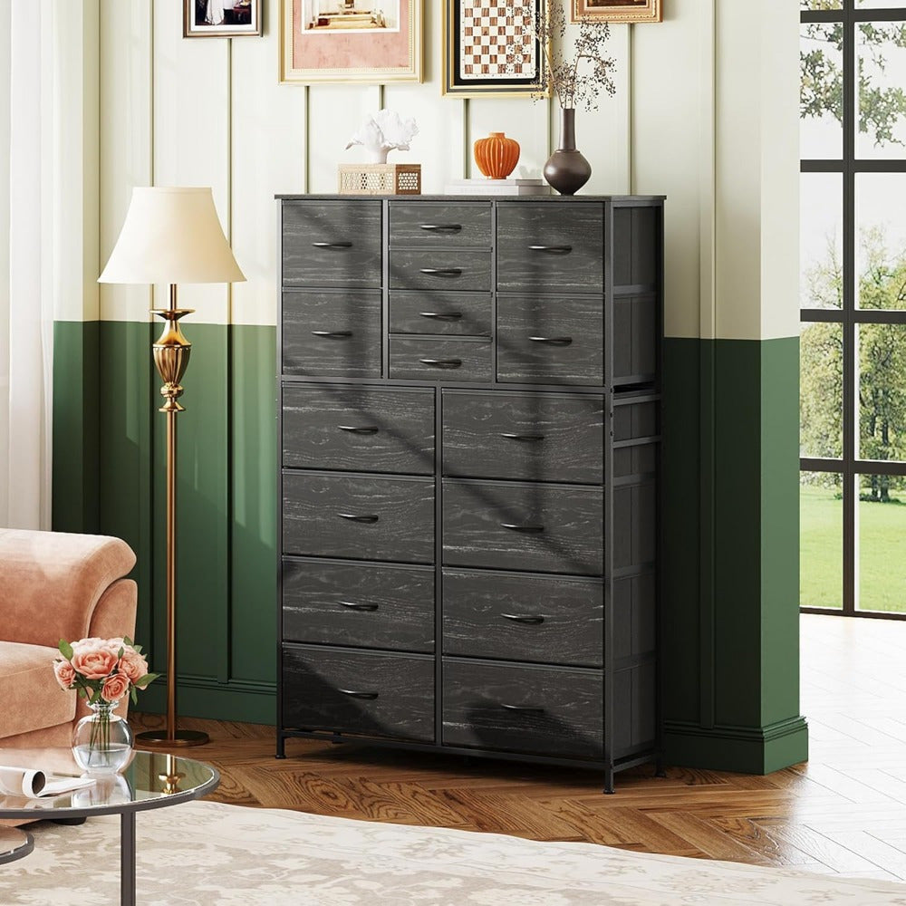 Tall Dresser for Bedroom Furniture, Fabric Dressers Storage Tower with 15 Deep Drawers, Chest of Drawers Organizer Unit, Dresser for Closet, Hallway, Entryway, Charcoal Black Wood Grain Print