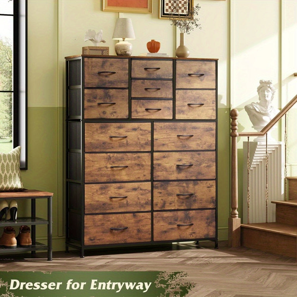 Tall Dresser for Bedroom Furniture, Fabric Dressers Storage Tower with 15 Deep Drawers, Chest of Drawers Organizer Unit, Dresser for Closet, Hallway, Entryway, Charcoal Black Wood Grain Print