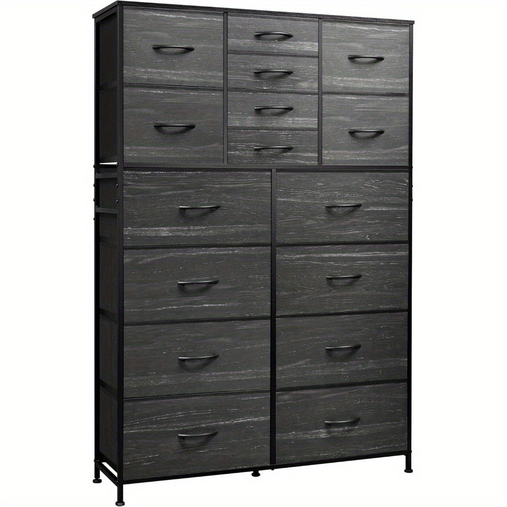 Tall Dresser for Bedroom Furniture, Fabric Dressers Storage Tower with 15 Deep Drawers, Chest of Drawers Organizer Unit, Dresser for Closet, Hallway, Entryway, Charcoal Black Wood Grain Print