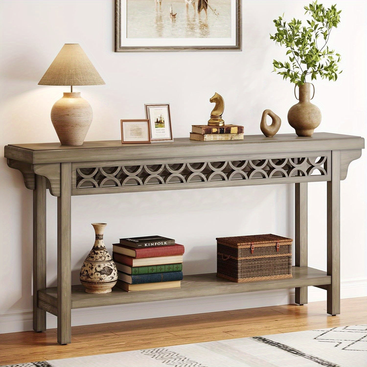 180 cm Solid Wood Long Console Table, Farmhouse Entryway Table with Storage, Narrow Sofa Table for Grey Couch in Living Room Entryway Hallway (Gray)