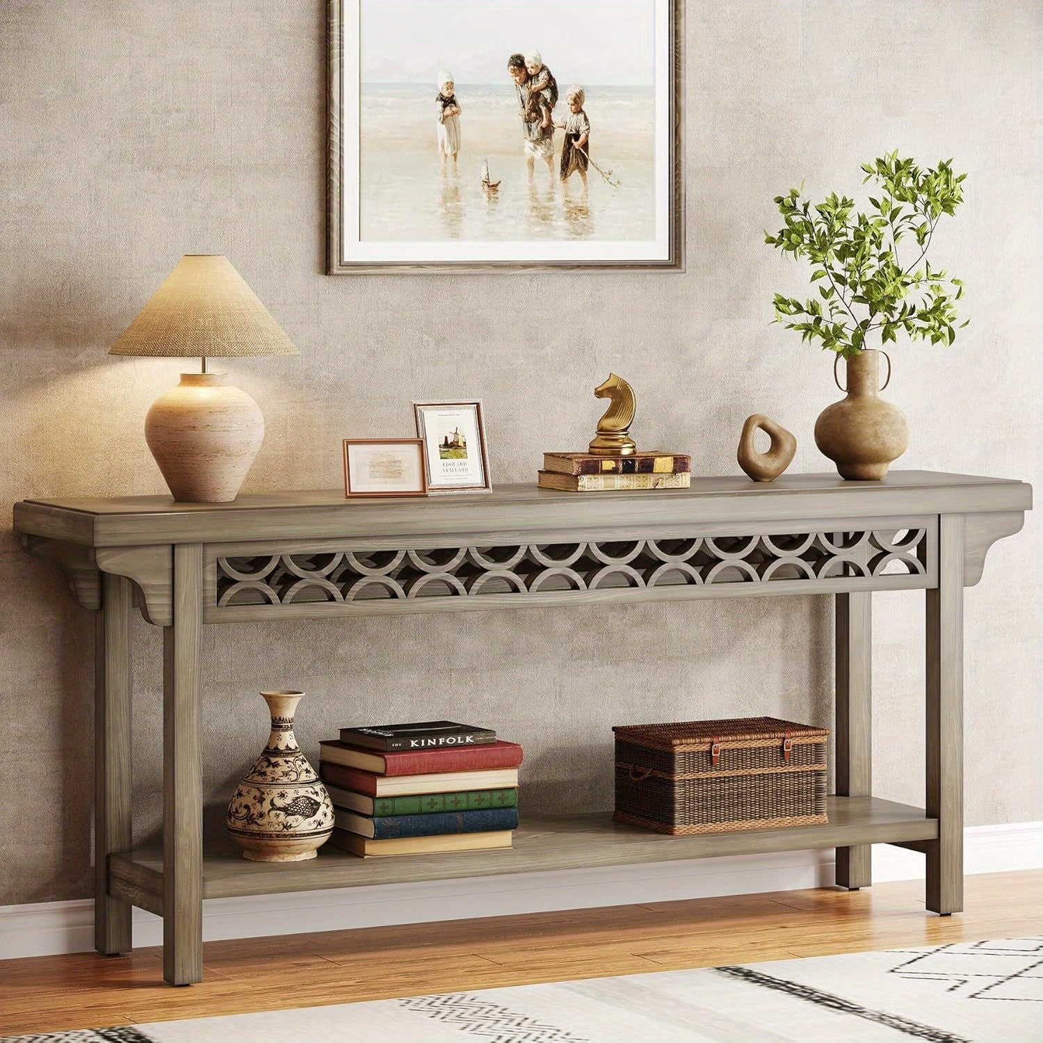 180 cm Solid Wood Long Console Table, Farmhouse Entryway Table with Storage, Narrow Sofa Table for Grey Couch in Living Room Entryway Hallway (Gray)