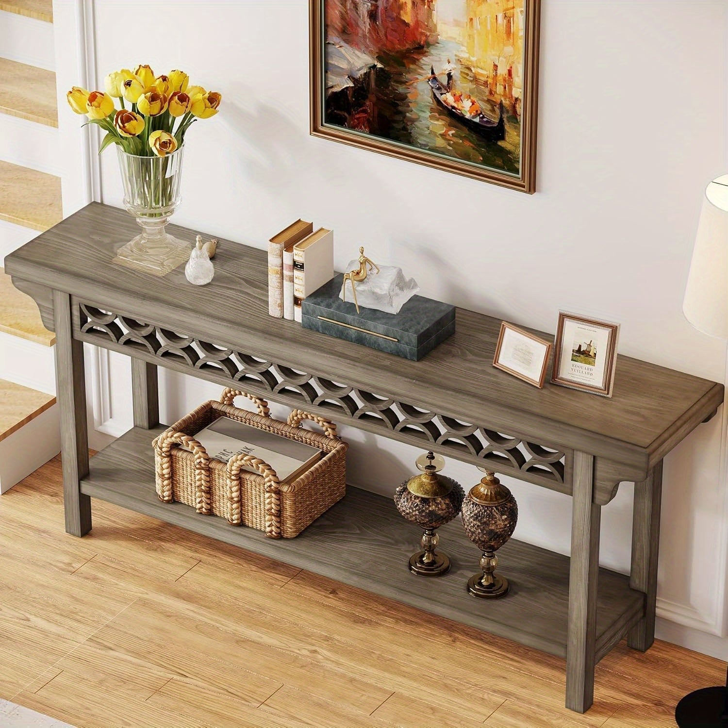 180 cm Solid Wood Long Console Table, Farmhouse Entryway Table with Storage, Narrow Sofa Table for Grey Couch in Living Room Entryway Hallway (Gray)