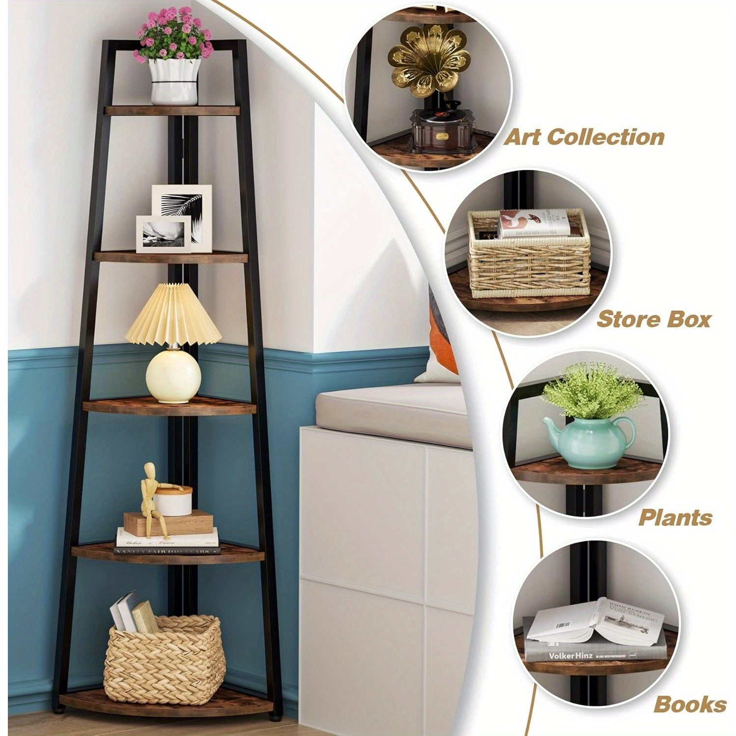 5 Tier Corner storage shelves and Bookcase, 181cm Tall Corner Shelves Standing Shelving Unit Indoor Plant Stand for Home, Office