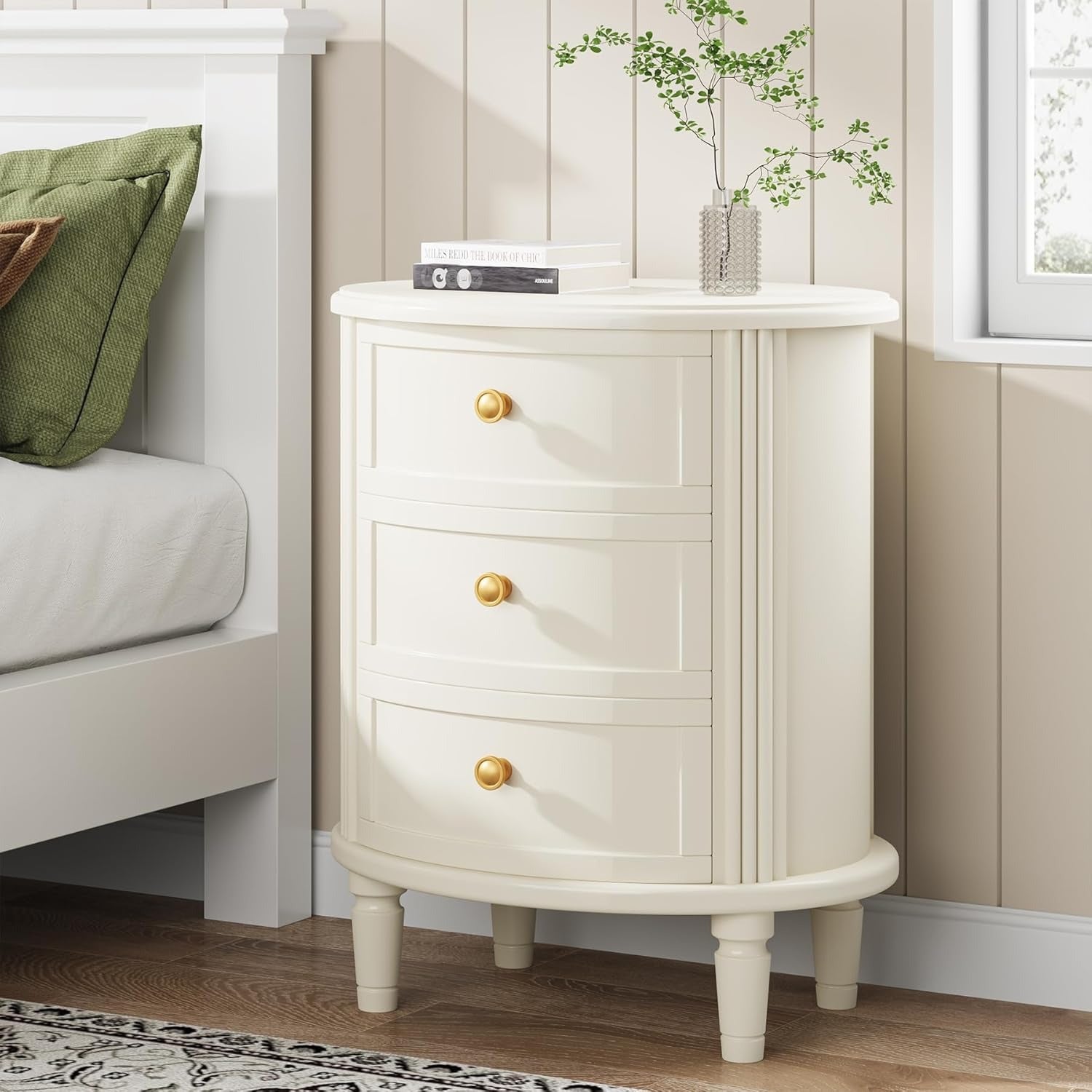 Nightstand with 3 Drawers, Oval Bed Side Table for Bedroom, Fully Assembled, Farmhouse Night Stand with Storage, Wooden Side End Table with Solid Wood Legs for Living Room, Beige White