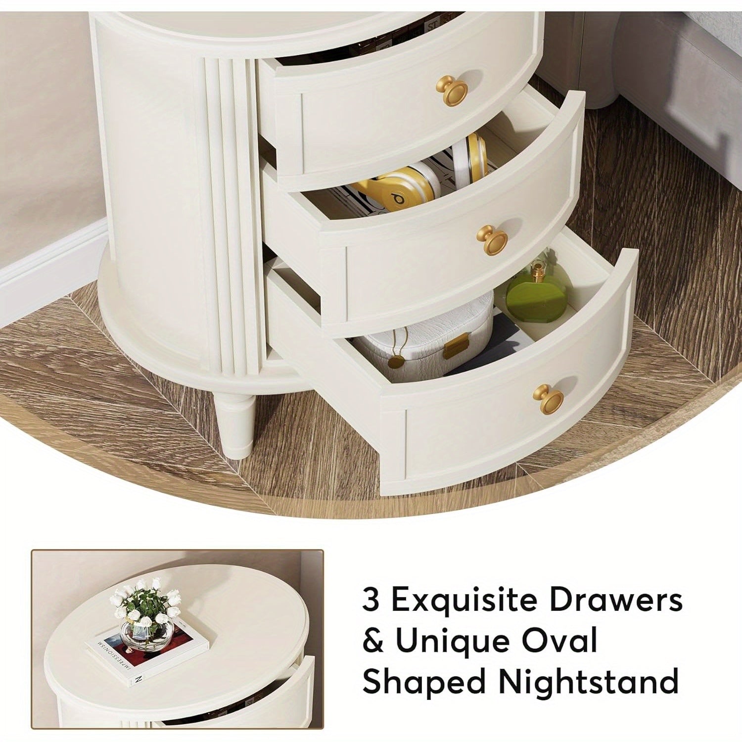 Nightstand with 3 Drawers, Oval Bed Side Table for Bedroom, Fully Assembled, Farmhouse Night Stand with Storage, Wooden Side End Table with Solid Wood Legs for Living Room, Beige White