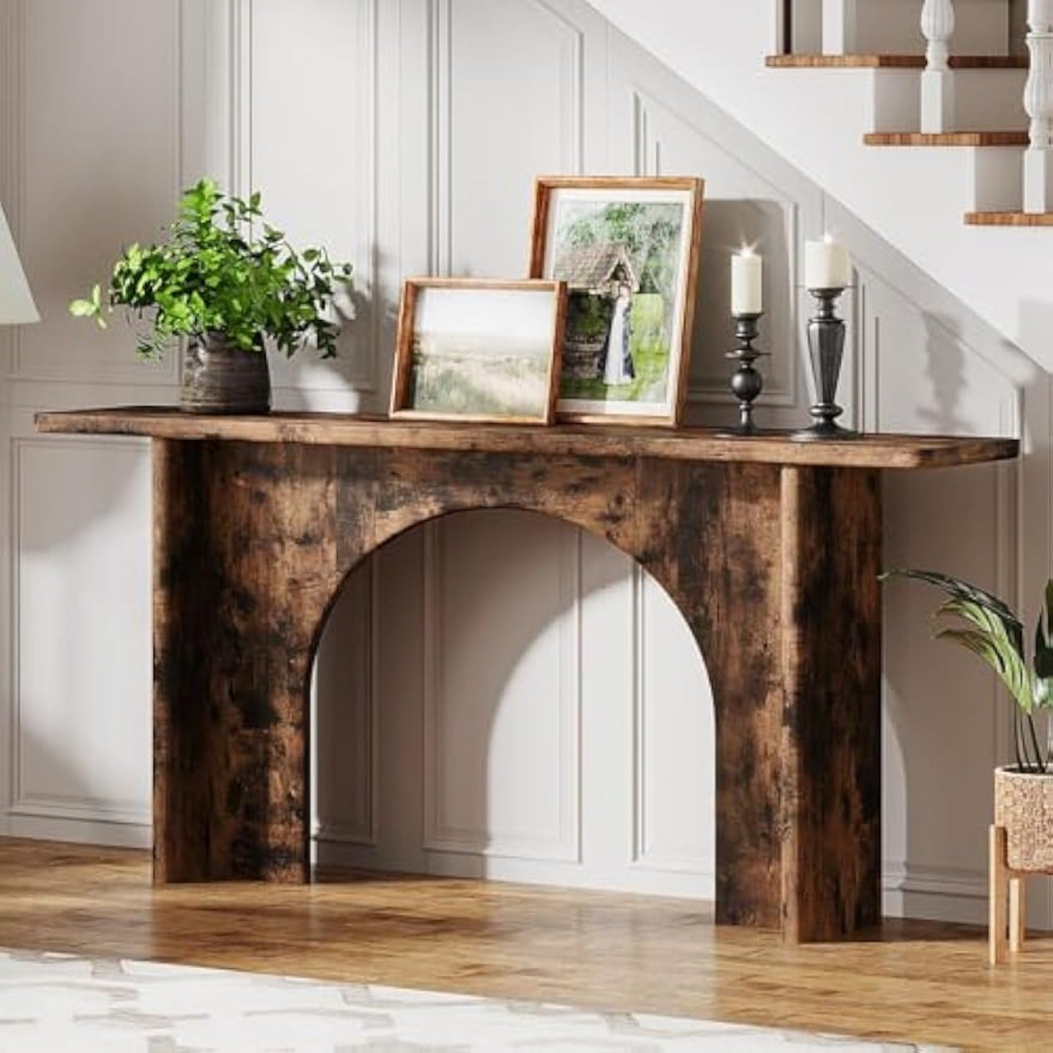 Elegant 160 cm Rustic Brown Console Table with Curved Arch Brace - Sturdy Engineered Wood, Ideal for Entryway, Hallway, Living Room - Adds Warmth & Style, Table Decor