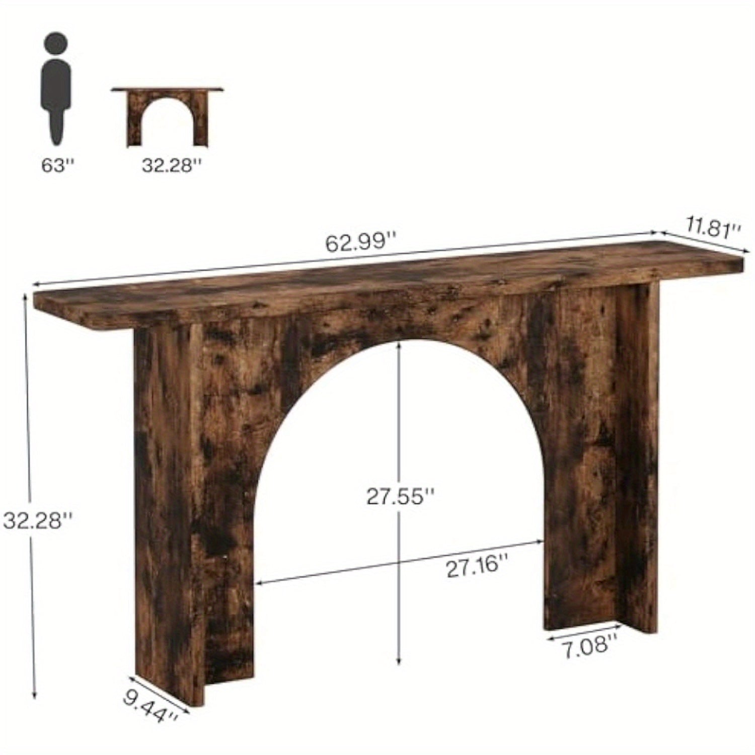 Elegant 160 cm Rustic Brown Console Table with Curved Arch Brace - Sturdy Engineered Wood, Ideal for Entryway, Hallway, Living Room - Adds Warmth & Style, Table Decor