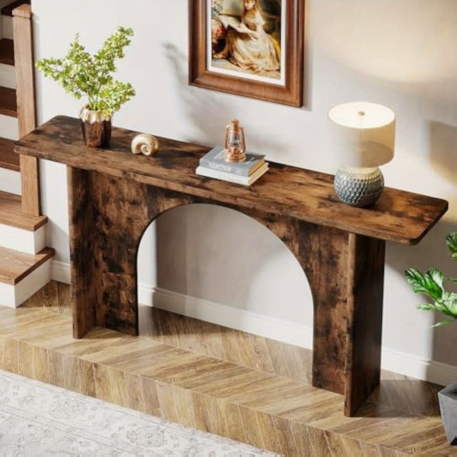 Elegant 160 cm Rustic Brown Console Table with Curved Arch Brace - Sturdy Engineered Wood, Ideal for Entryway, Hallway, Living Room - Adds Warmth & Style, Table Decor