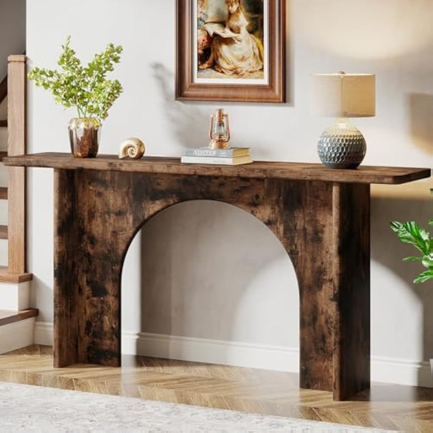 Elegant 160 cm Rustic Brown Console Table with Curved Arch Brace - Sturdy Engineered Wood, Ideal for Entryway, Hallway, Living Room - Adds Warmth & Style, Table Decor