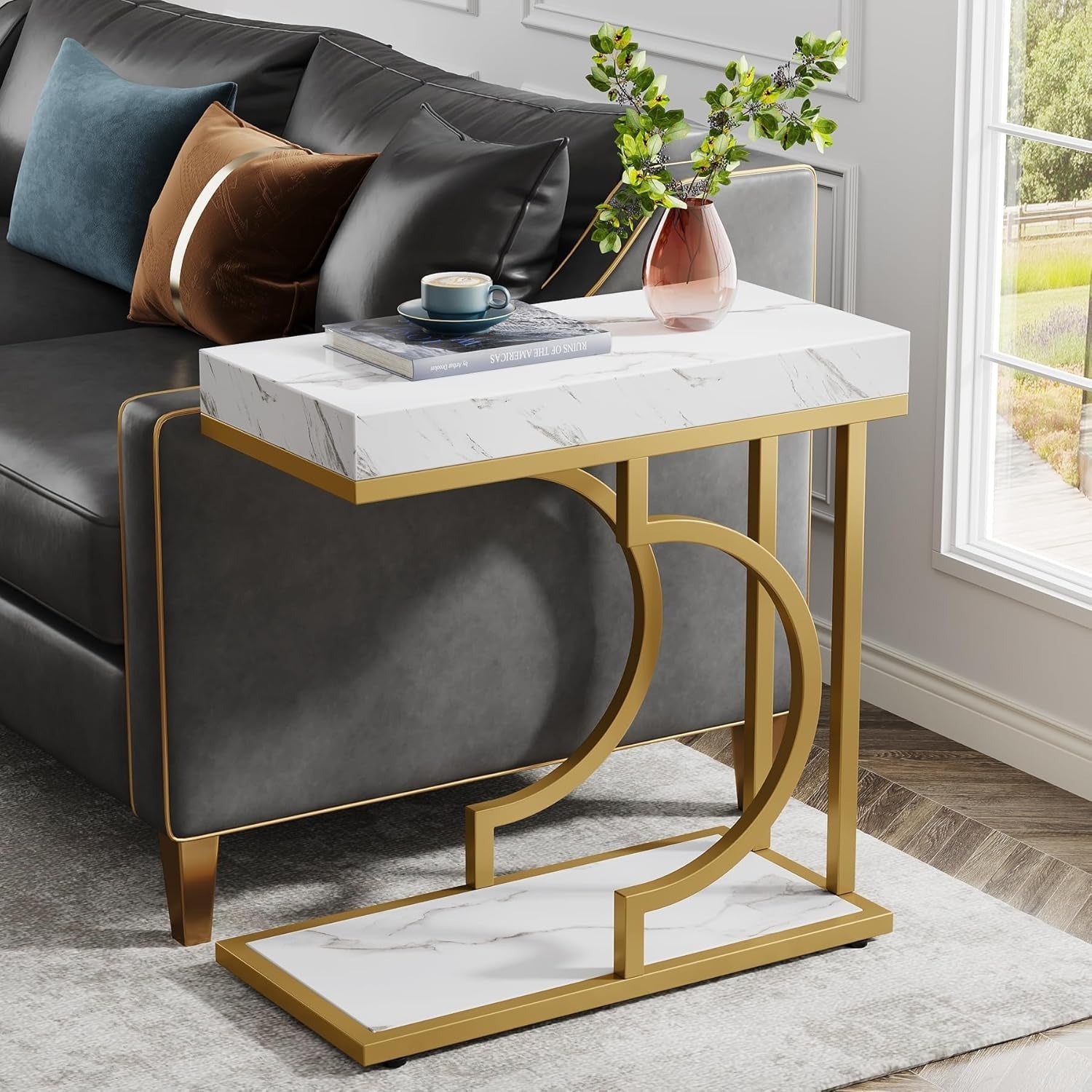 Narrow Side Table White Gold Side Table C Shaped End Table Modern Bedside Table Small Side Table for Couch, Sofa Table with Metal Frame for Reception Room (1)