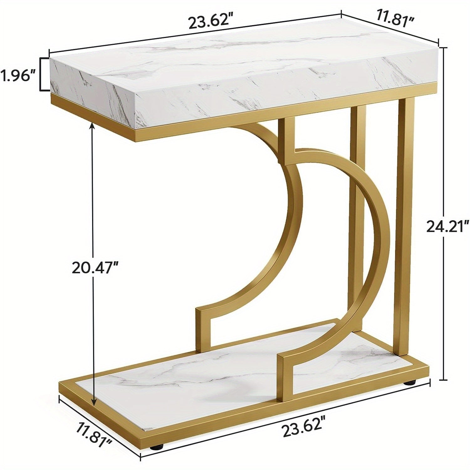 Narrow Side Table White Gold Side Table C Shaped End Table Modern Bedside Table Small Side Table for Couch, Sofa Table with Metal Frame for Reception Room (1)