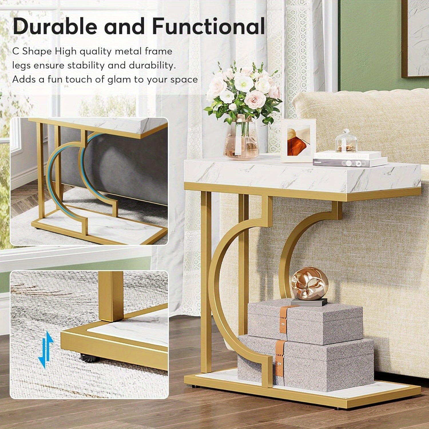 Narrow Side Table White Gold Side Table C Shaped End Table Modern Bedside Table Small Side Table for Couch, Sofa Table with Metal Frame for Reception Room (1)