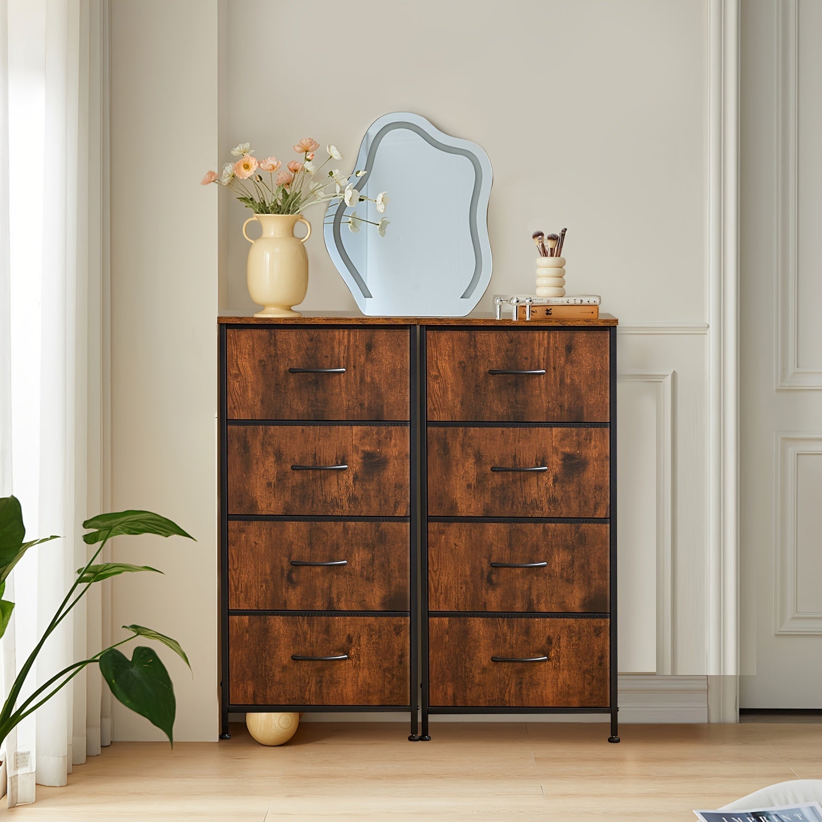 2pcs Bedroom Dresser Set - High Storage Drawer With Fabric Tower And Chest, Solid Metal Frame, Wooden Table Top, Perfect For Wardrobe And Entrance