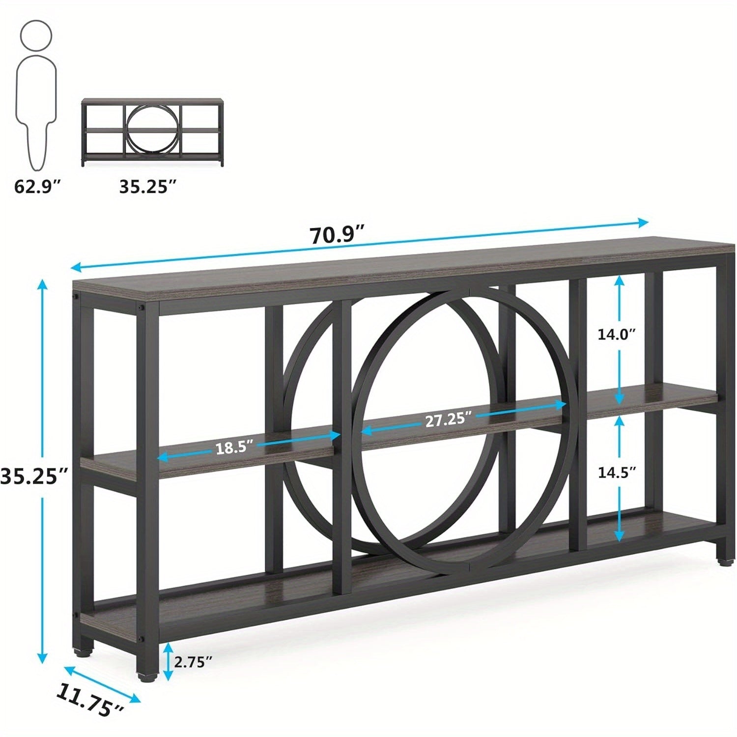 180 cm Sofa Console Table, Extra Long Narrow Entryway Tables with 3 Tier Wood Storage Shelves Metal Frame for Foyer Hallway Living Room Behind Couch, Black Rustic Gray