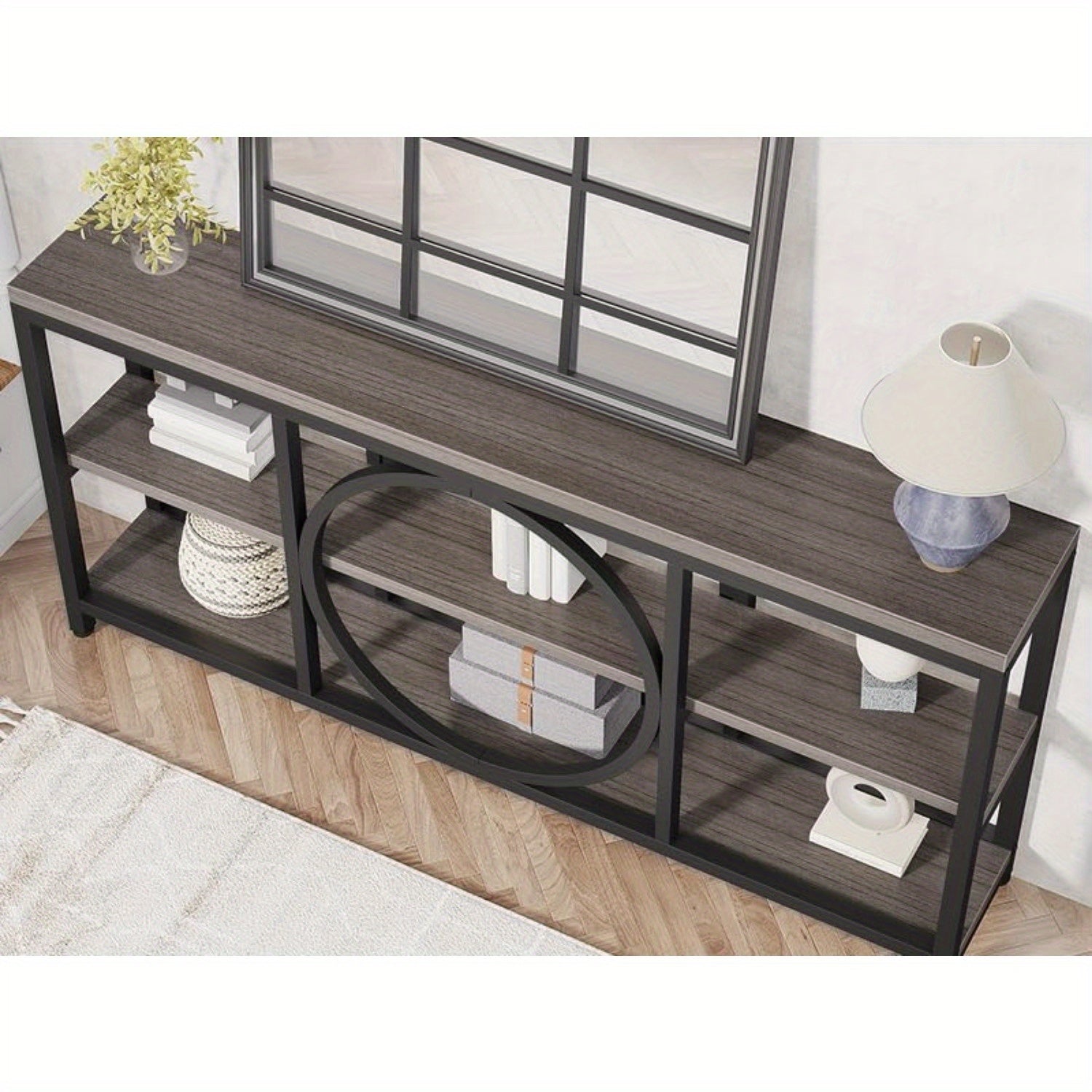 180 cm Sofa Console Table, Extra Long Narrow Entryway Tables with 3 Tier Wood Storage Shelves Metal Frame for Foyer Hallway Living Room Behind Couch, Black Rustic Gray