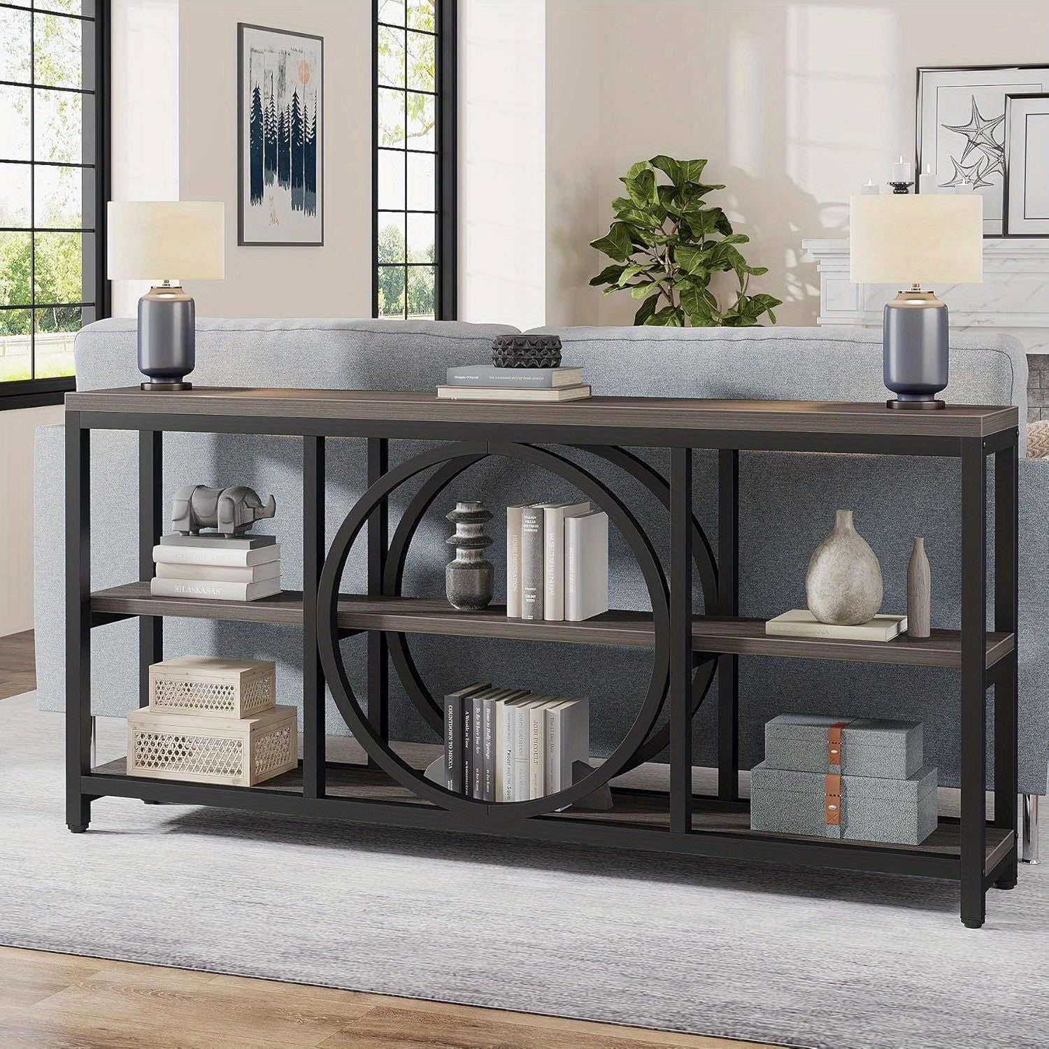 180 cm Sofa Console Table, Extra Long Narrow Entryway Tables with 3 Tier Wood Storage Shelves Metal Frame for Foyer Hallway Living Room Behind Couch, Black Rustic Gray