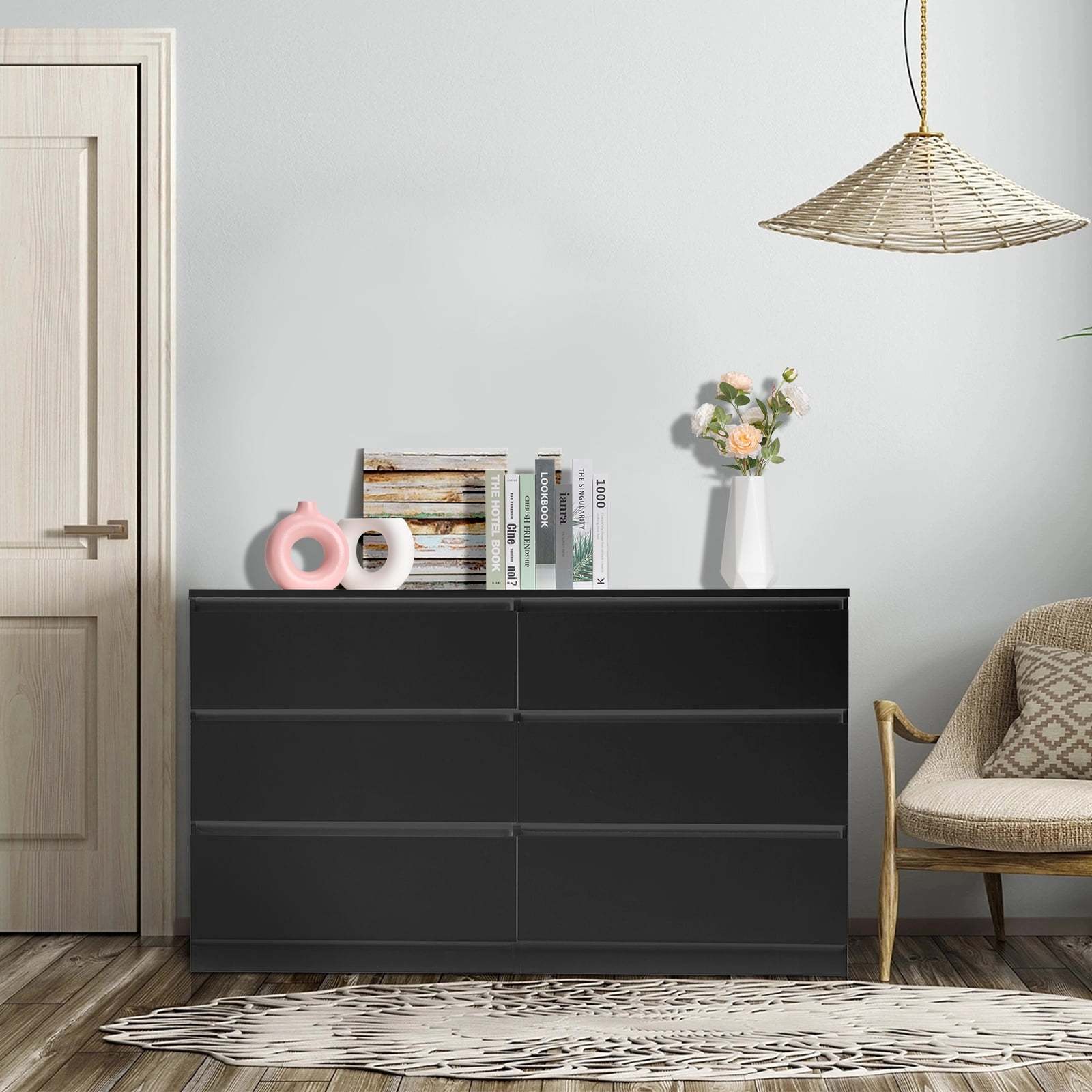 Black/ White, Hemp Surface, Particle Board with Triamine Material, 55.12*19.69*27.95inch Size, No Handle, 6 Drawers, Office Cabinet, Work Cabinet, Suitable for Multiple Scenes