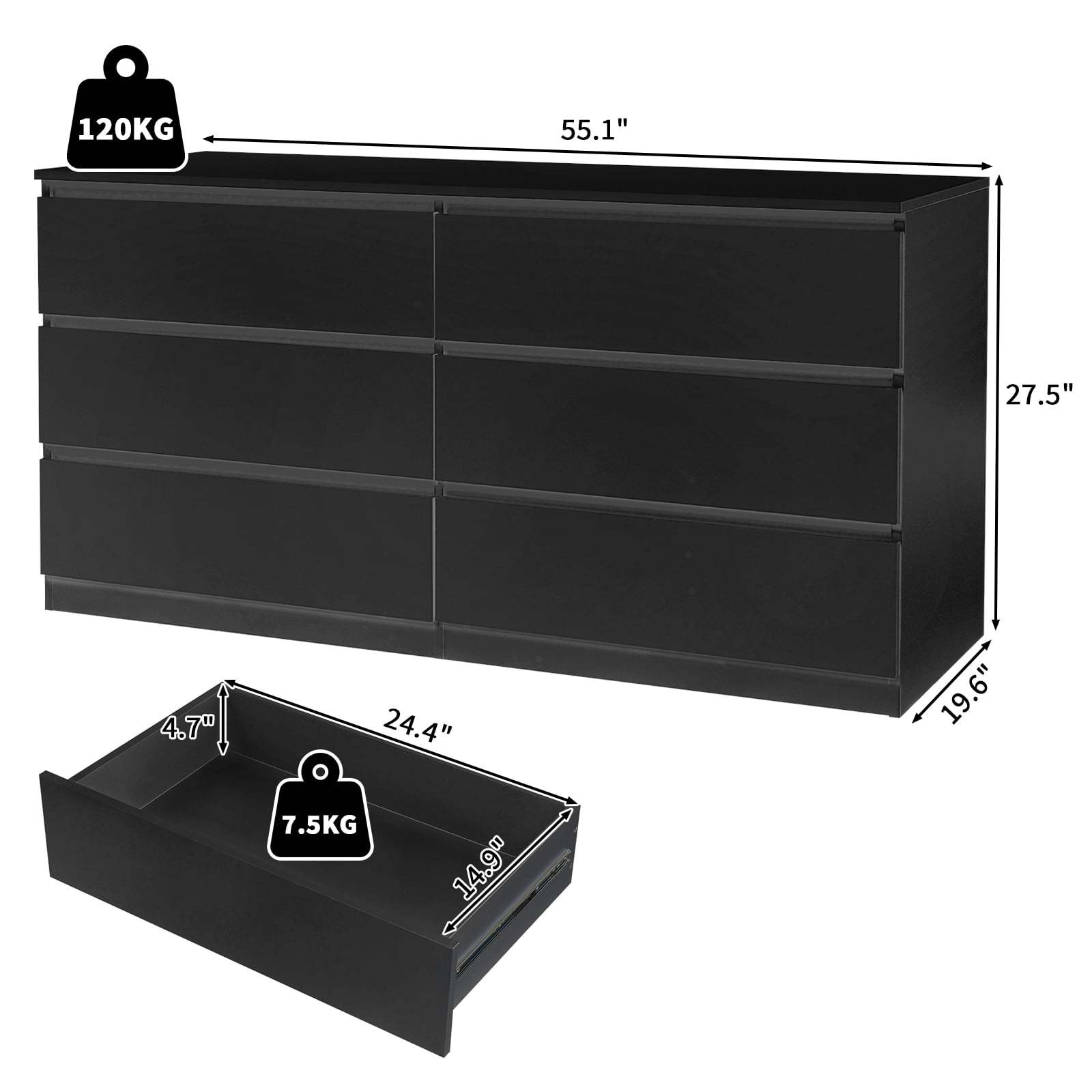 Black/ White, Hemp Surface, Particle Board with Triamine Material, 55.12*19.69*27.95inch Size, No Handle, 6 Drawers, Office Cabinet, Work Cabinet, Suitable for Multiple Scenes