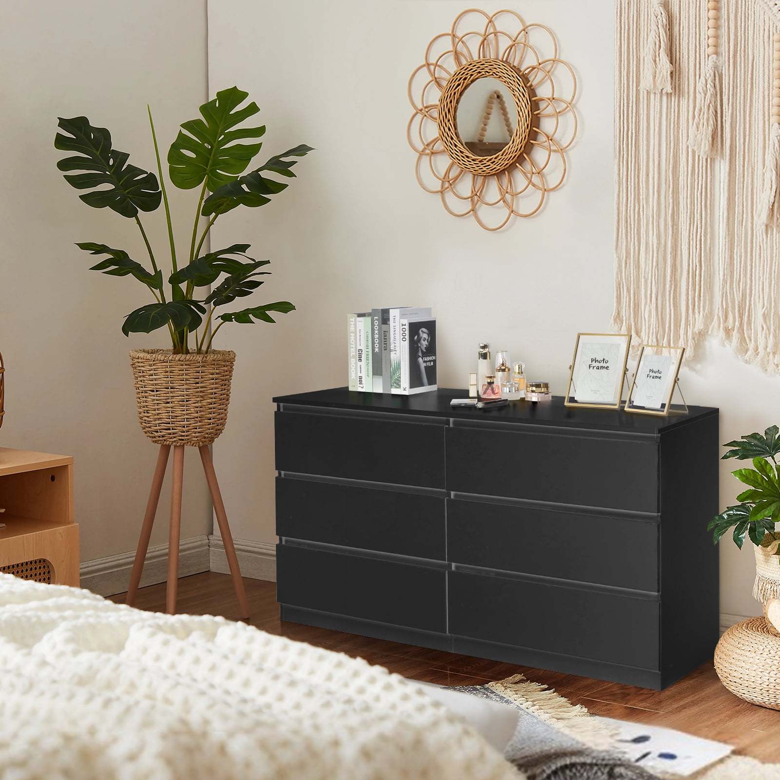 Black/ White, Hemp Surface, Particle Board with Triamine Material, 55.12*19.69*27.95inch Size, No Handle, 6 Drawers, Office Cabinet, Work Cabinet, Suitable for Multiple Scenes