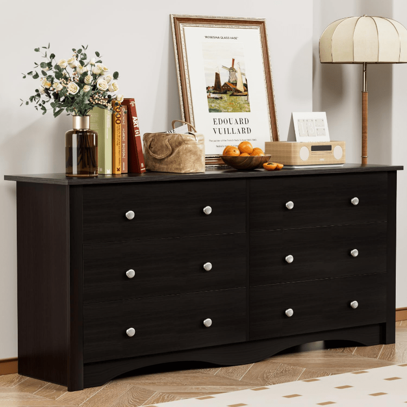 6 Drawer Double Dresser, Wide Wood Chest Of Drawers Storage Tower Storage for Living Room Bedroom