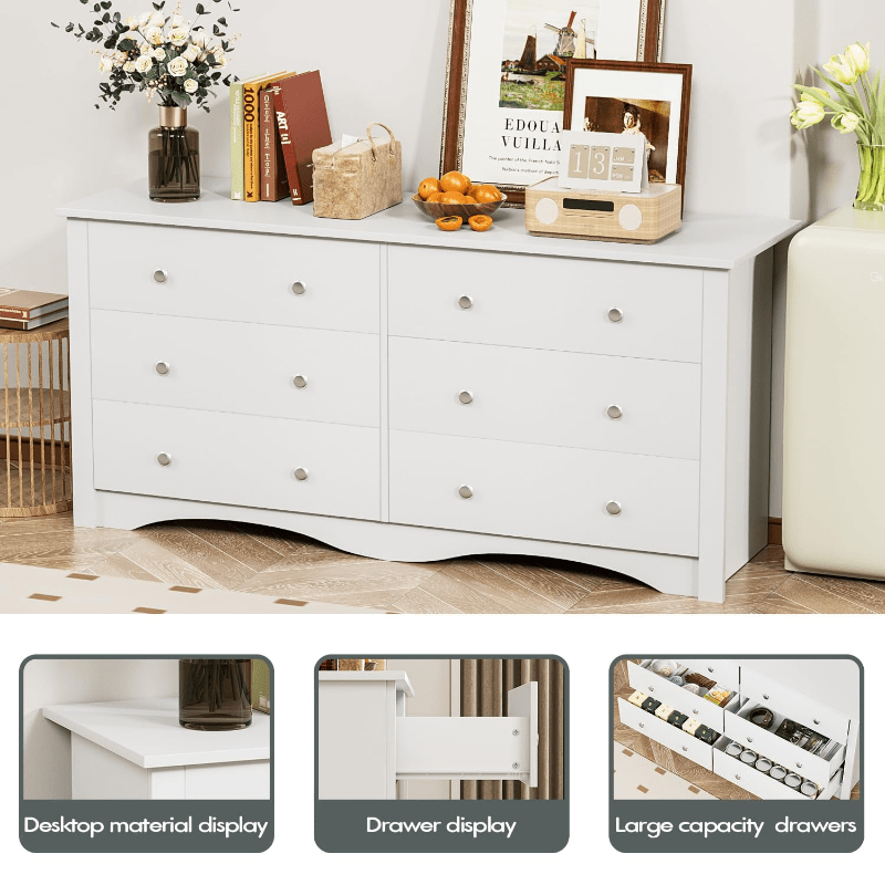 6 Drawer Double Dresser, Wide Wood Chest Of Drawers Storage Tower Storage for Living Room Bedroom