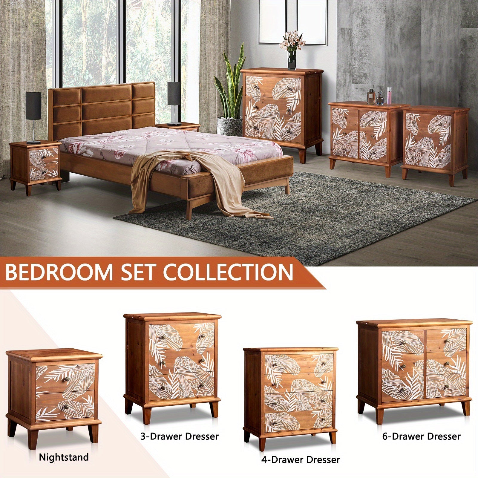 Brown veneer solid wood frame 2 drawers bedside table Bohemian