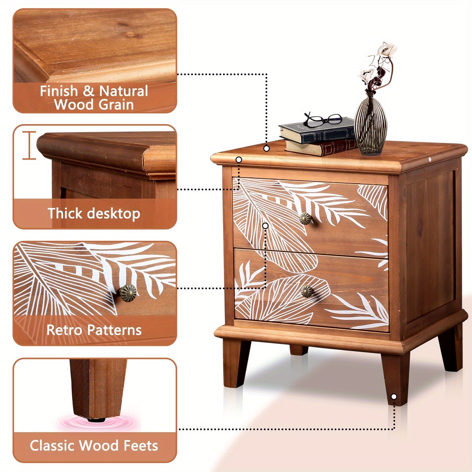 Brown veneer solid wood frame 2 drawers bedside table Bohemian