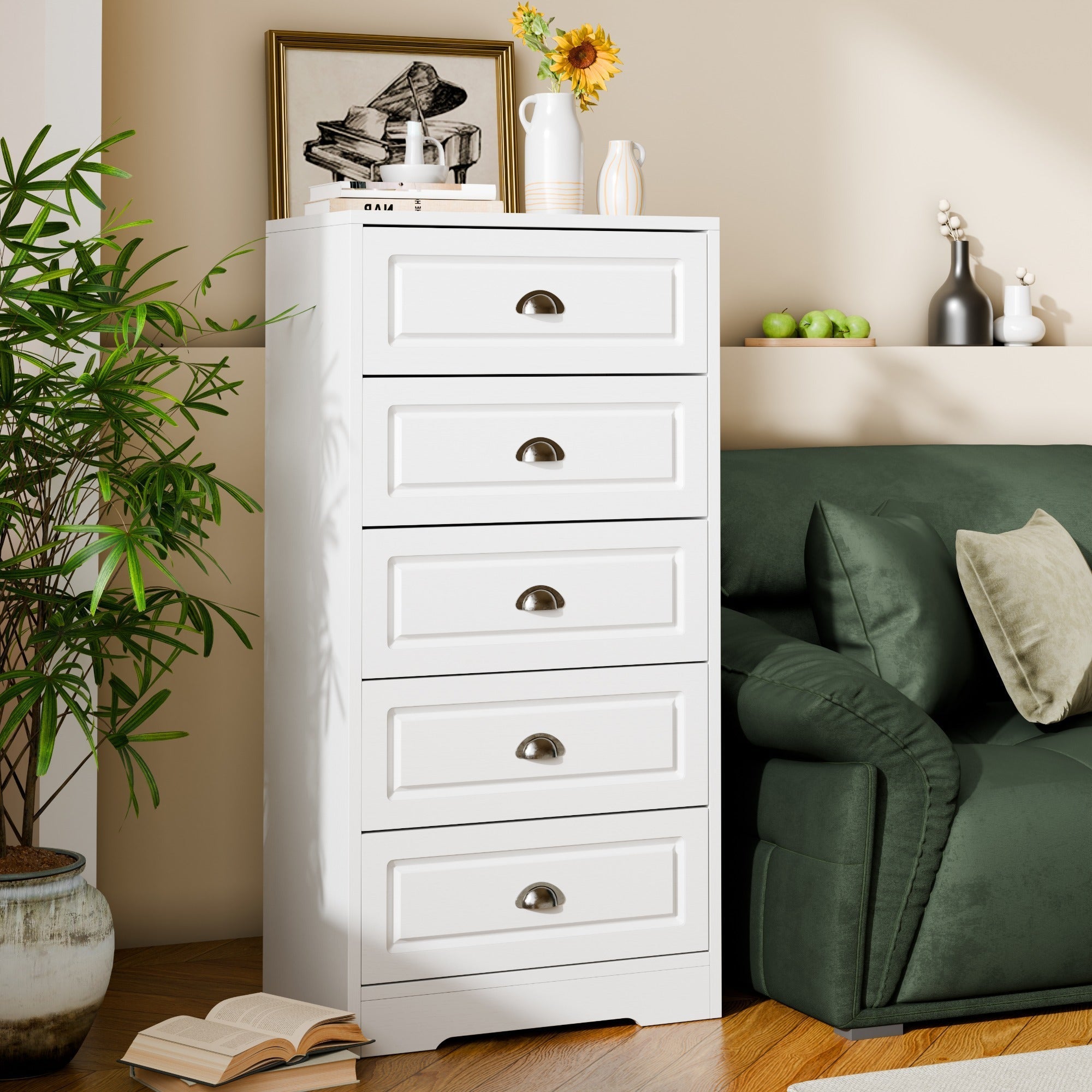 Dresser for Bedroom, 5 Drawer Dresser with Sturdy Base, Wooden Large Capacity Storage Cabinet, Tall Chest of 5 Drawers for Closet, Living Room, Hallway