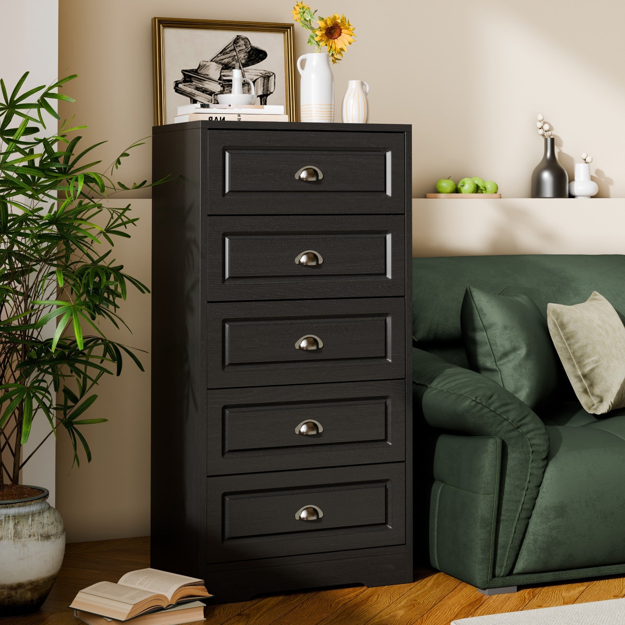 Dresser for Bedroom, 5 Drawer Dresser with Sturdy Base, Wooden Large Capacity Storage Cabinet, Tall Chest of 5 Drawers for Closet, Living Room, Hallway