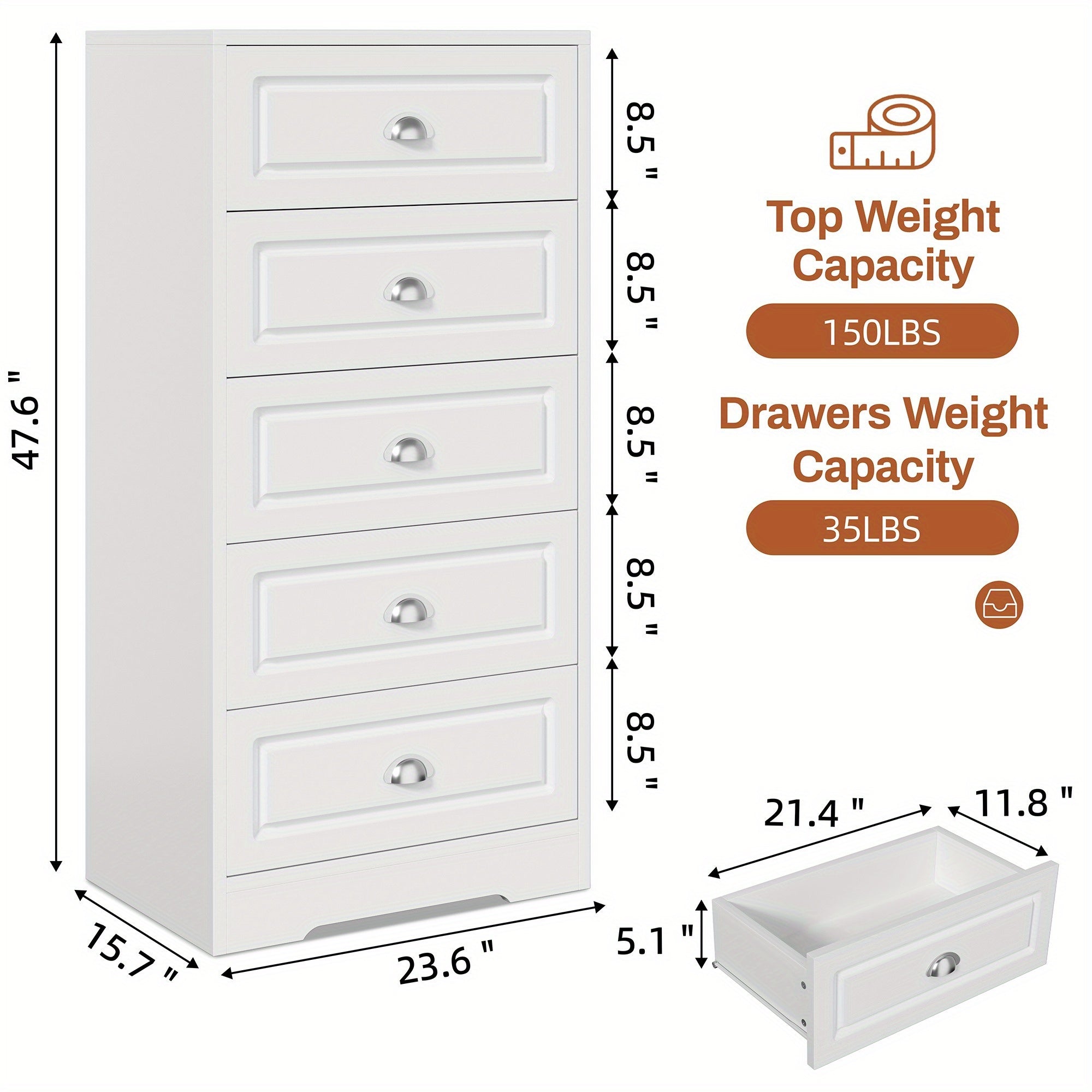 Dresser for Bedroom, 5 Drawer Dresser with Sturdy Base, Wooden Large Capacity Storage Cabinet, Tall Chest of 5 Drawers for Closet, Living Room, Hallway