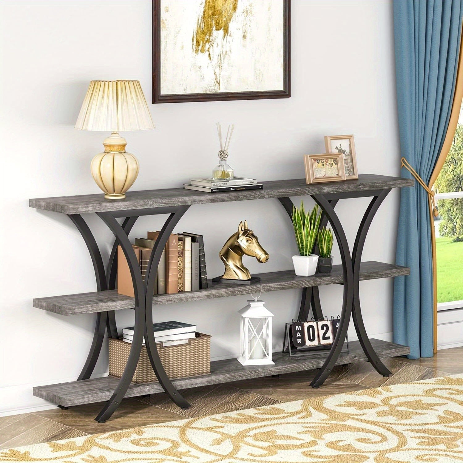 180 cm Narrow Console Table, Long Sofa Table Entry Table with 3 Tier Storage Shelves for Entryway Hallway Reception Room (Gray)