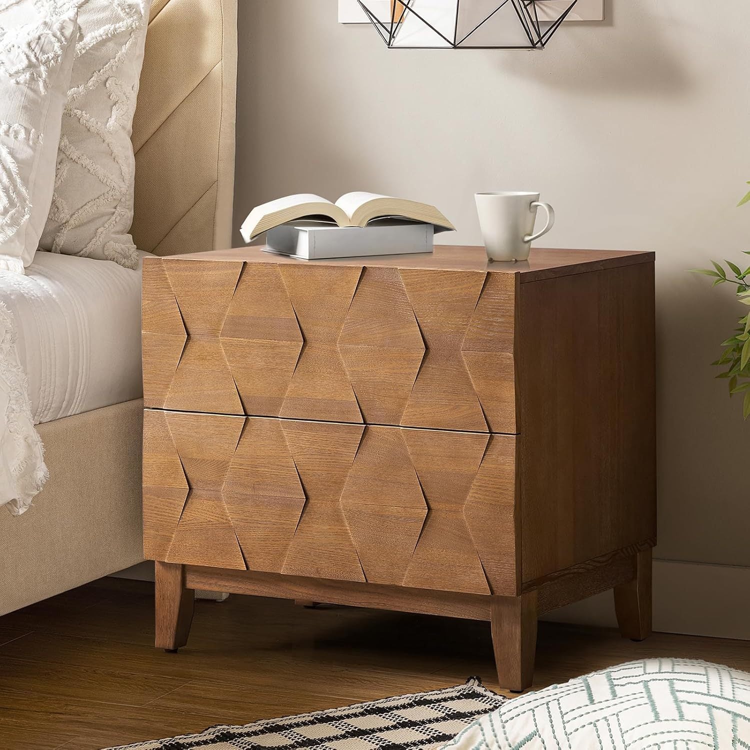 Wood Nightstand with 2 Drawers, 60cm W Bedside Table 2 with Charging Station Space, Farmhouse Storage End Table with Adjustable Legs for Bedroom