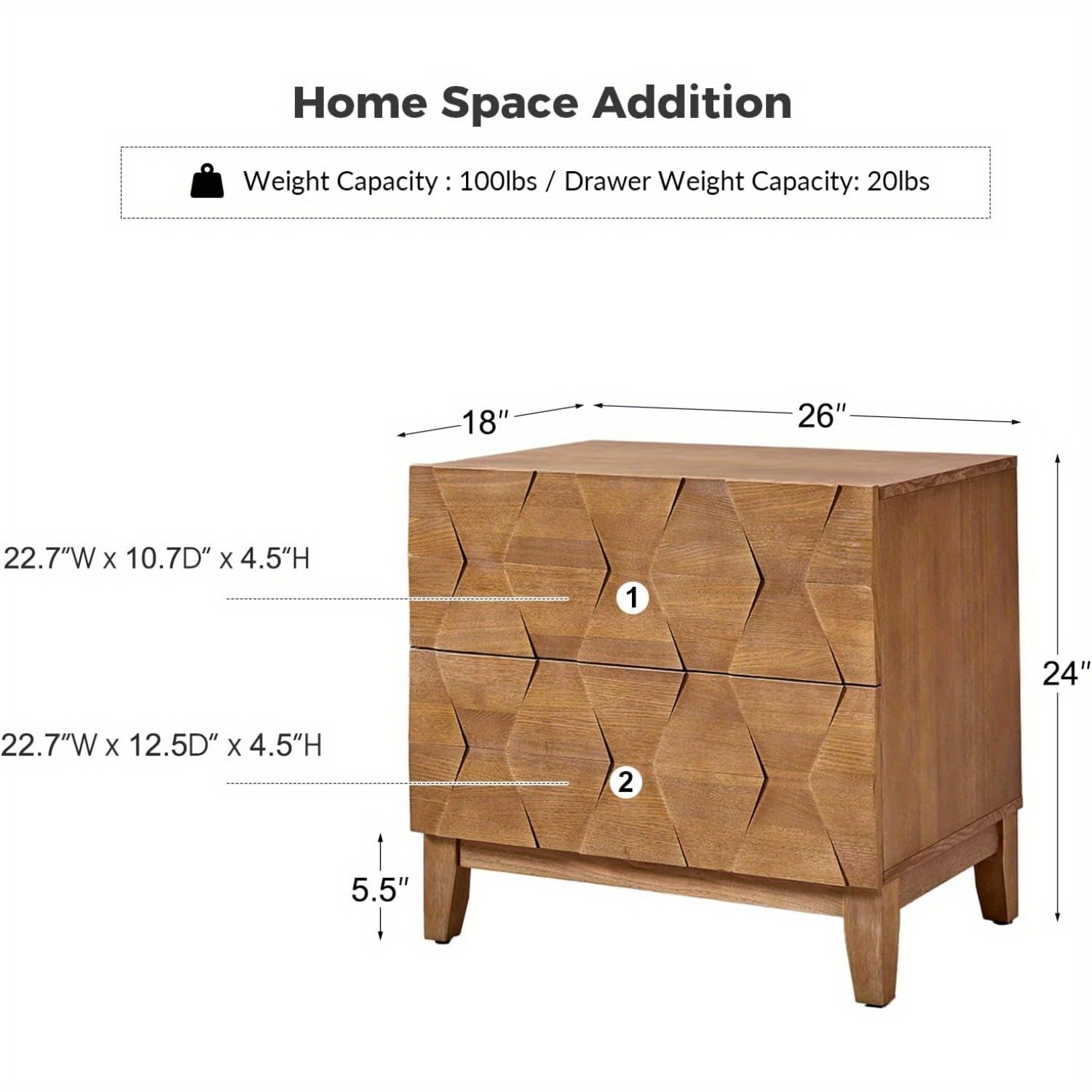 Wood Nightstand with 2 Drawers, 60cm W Bedside Table 2 with Charging Station Space, Farmhouse Storage End Table with Adjustable Legs for Bedroom