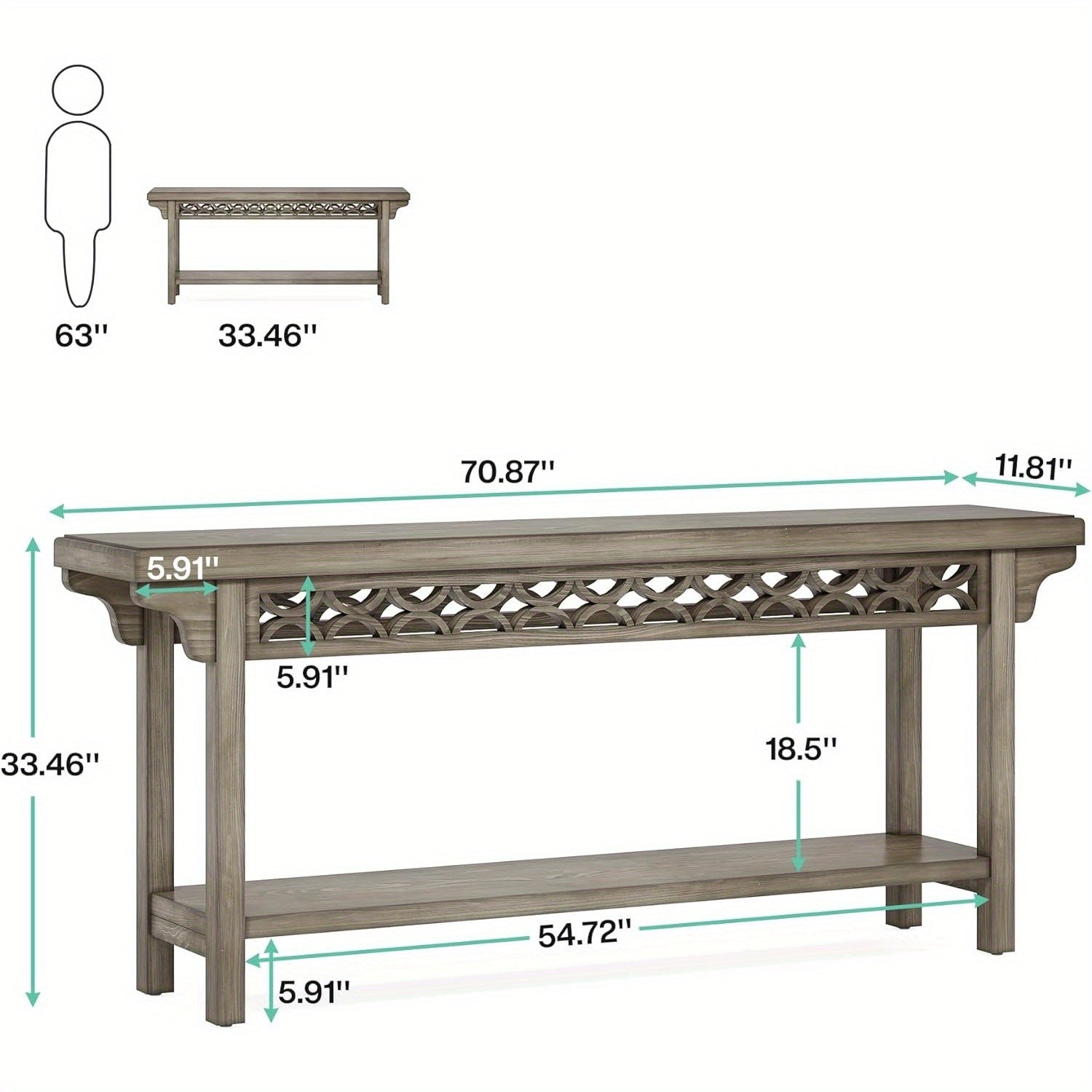 180 cm Solid Wood Long Console Table, Farmhouse Entryway Table with Storage, Narrow Sofa Table for Grey Couch in Living Room Entryway Hallway (Gray)