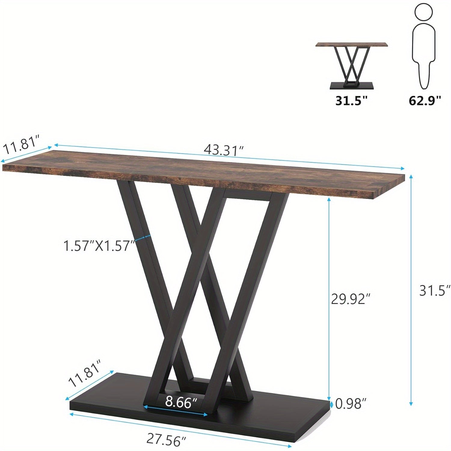 Console Table, Industrial Hallway Table for Entryway, 109 cm Entryway Tables Narrow Sofa Table for Reception Room, Stable Metal Frame & Easy Assembly, Rustic Brown