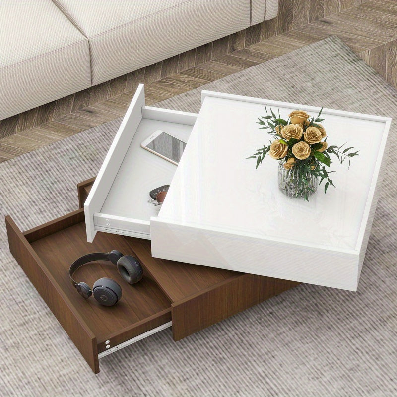 Square 360°Rotating Coffee Table with 2 Drawers, High Gloss 2-Tier Center Table with Swivel Tabletop and Storage, Walnut Table Frame Side Table for Living Room, White