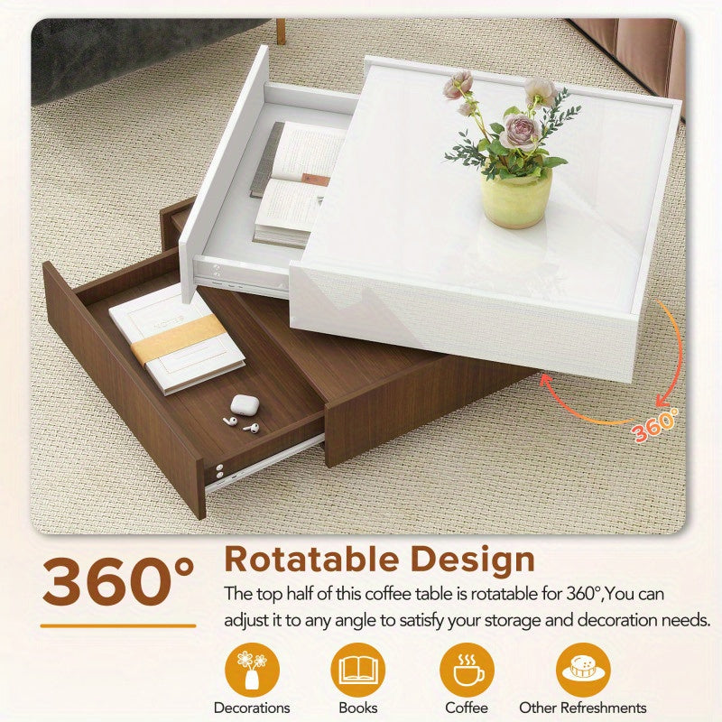 Square 360°Rotating Coffee Table with 2 Drawers, High Gloss 2-Tier Center Table with Swivel Tabletop and Storage, Walnut Table Frame Side Table for Living Room, White