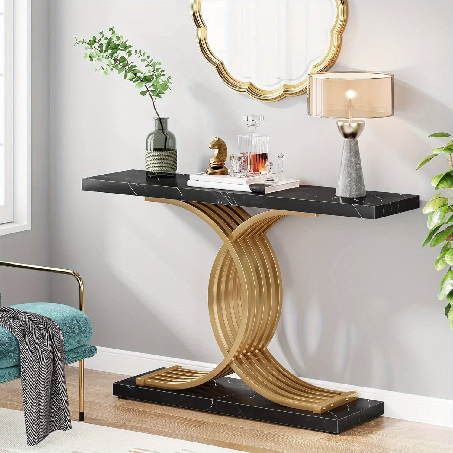 Gold Entryway Table, Modern 99-Centimeter Console Table Accent Table with Geometric Metal Legs, Faux Marble Narrow Wood Sofa Table Foyer Table for Entrance, Living Room (Gold & Black)