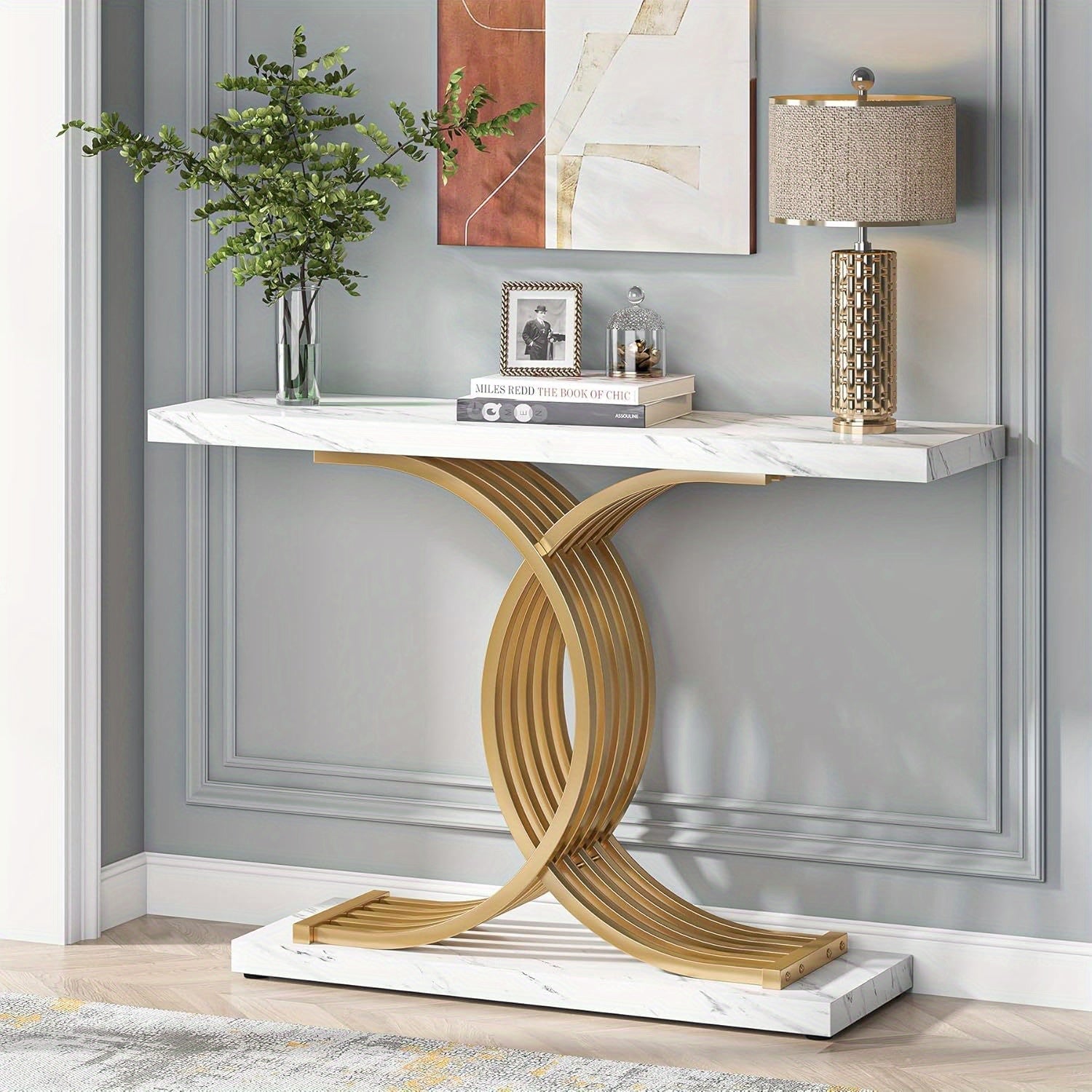 Gold Entryway Table, Modern 99-Centimeter Console Table Accent Table with Geometric Metal Legs, Faux Marble Narrow Wood Sofa Table Foyer Table for Entrance, Living Room (Gold & Black)