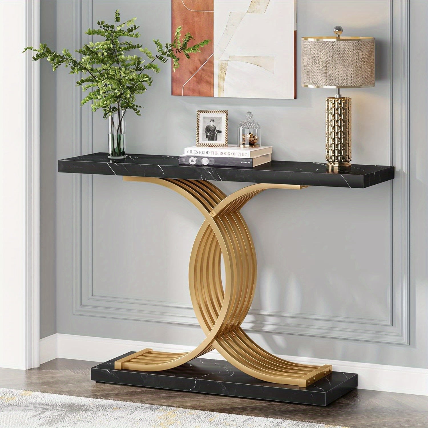 Gold Entryway Table, Modern 99-Centimeter Console Table Accent Table with Geometric Metal Legs, Faux Marble Narrow Wood Sofa Table Foyer Table for Entrance, Living Room (Gold & Black)