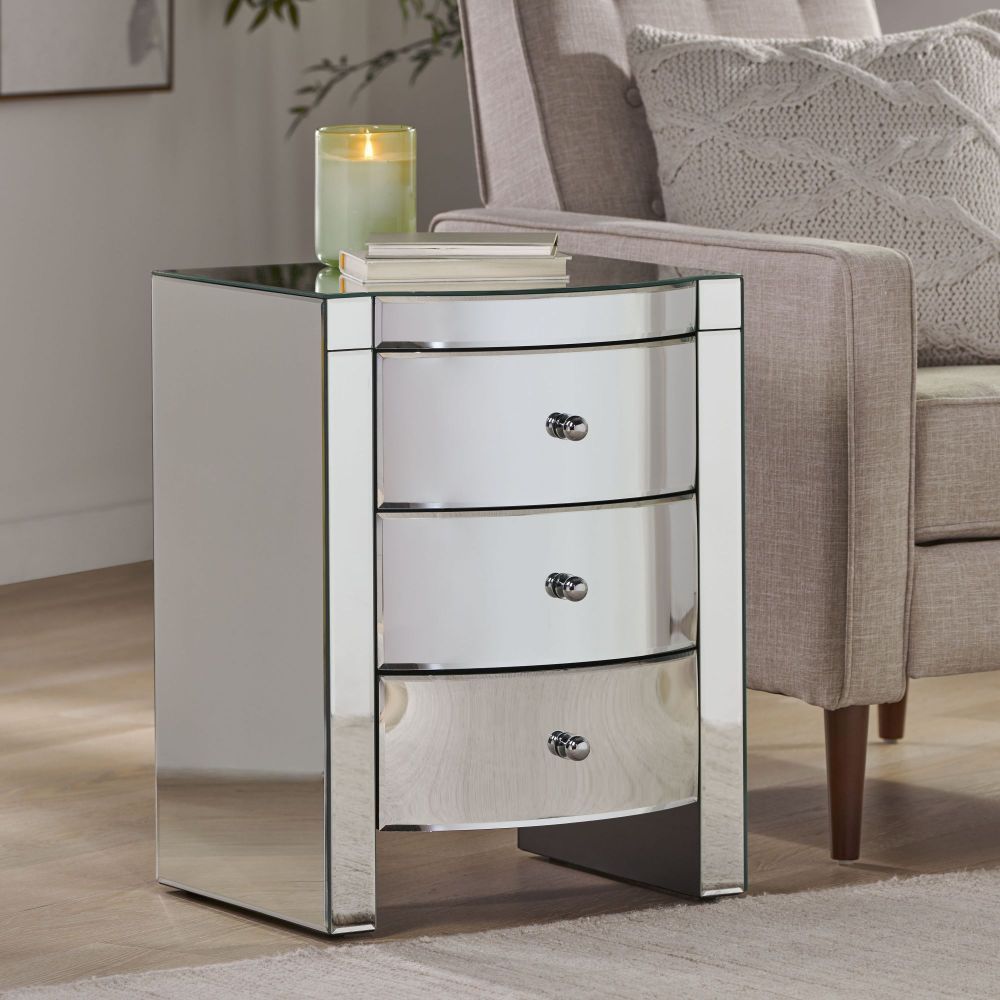 Mirrored Nightstand with 3 Drawers, Bed Side Table for Bedroom, Large Modern Night Stand with Storage Drawers, Mirrored Furniture for Living Room, Office