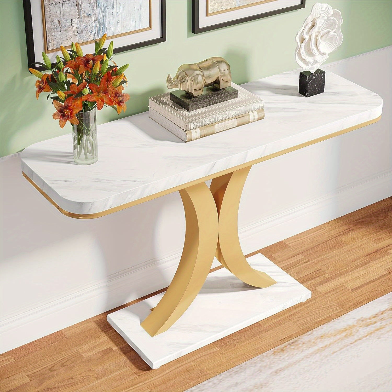 Modern Golden Console Table, 101.6 cm Narrow Entryway Foyer Table with Geometric Base, Rustic Hallway Accent Table for Reception Room, Entrance, White and Golden