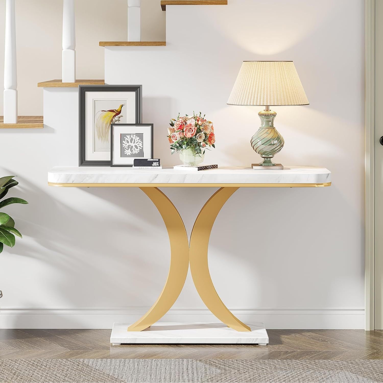 Modern Golden Console Table, 101.6 cm Narrow Entryway Foyer Table with Geometric Base, Rustic Hallway Accent Table for Reception Room, Entrance, White and Golden