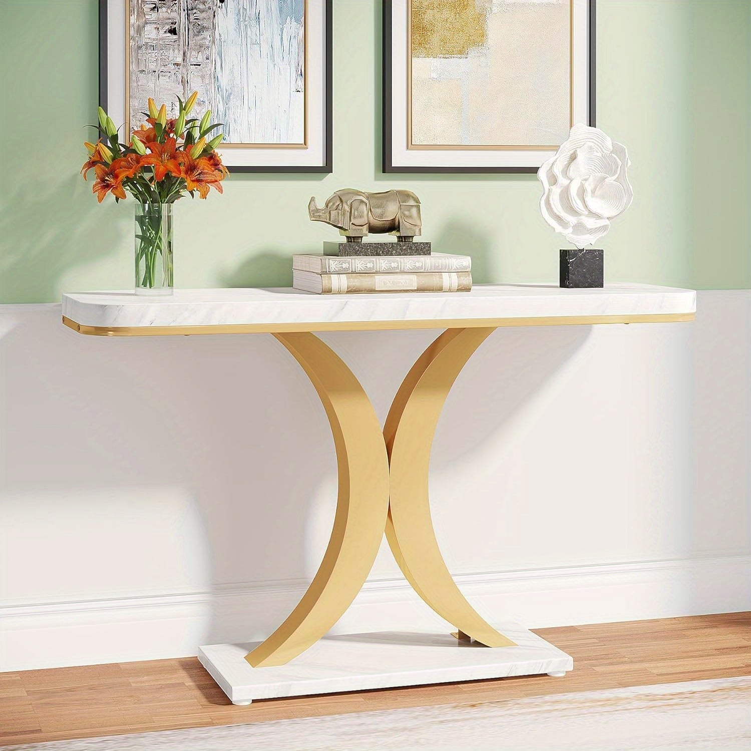 Modern Golden Console Table, 101.6 cm Narrow Entryway Foyer Table with Geometric Base, Rustic Hallway Accent Table for Reception Room, Entrance, White and Golden